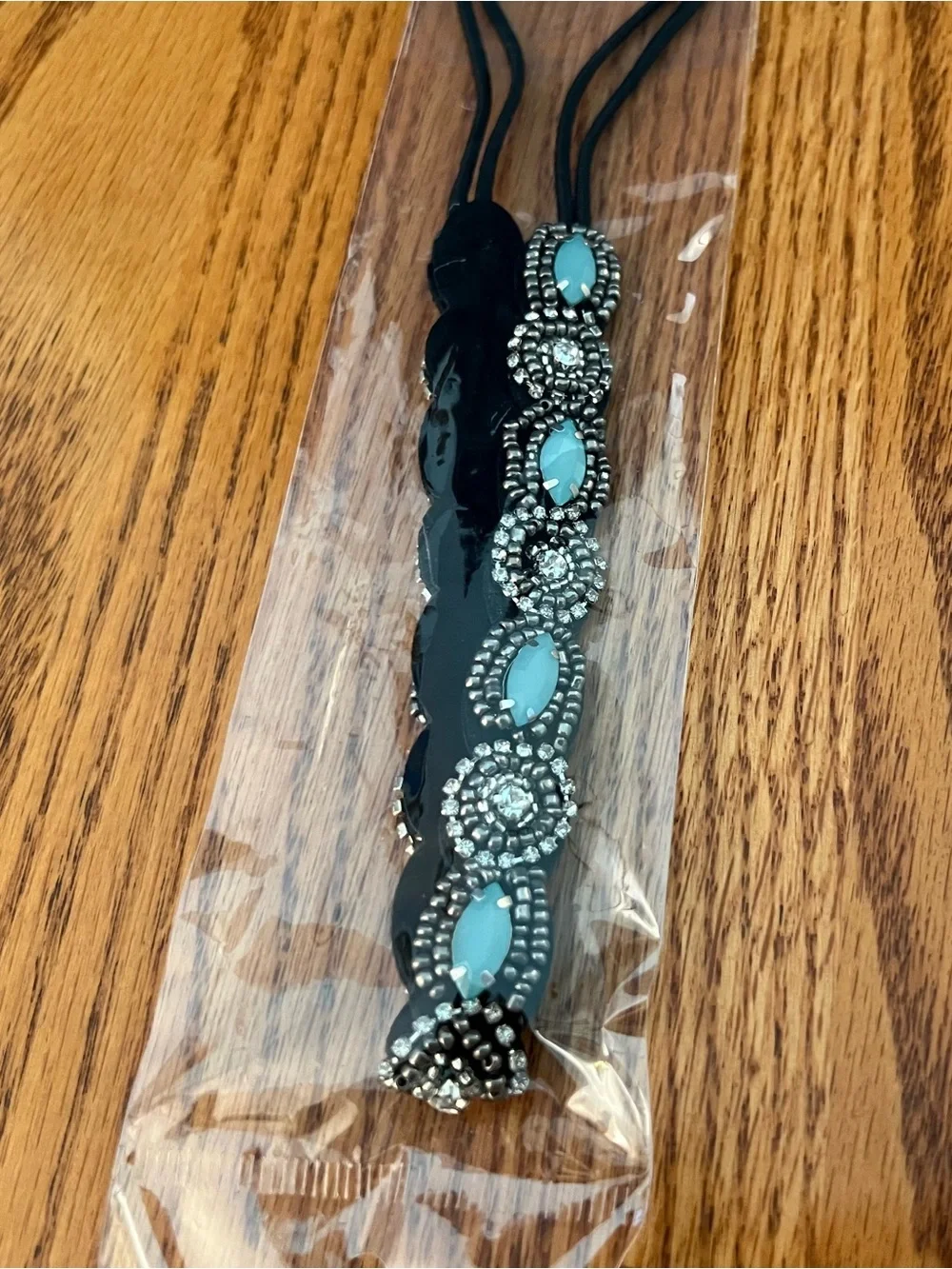 Beaded Black Elastic Headband with Silver and Turquoise Accents